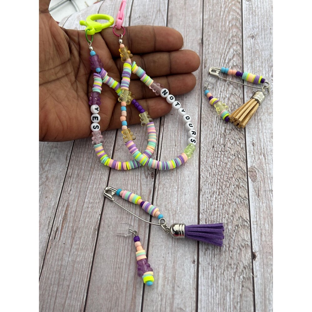 Pastel Beaded Phone Charm Set | USB-C Dust Plug Charm | Beaded Safety Pin YES